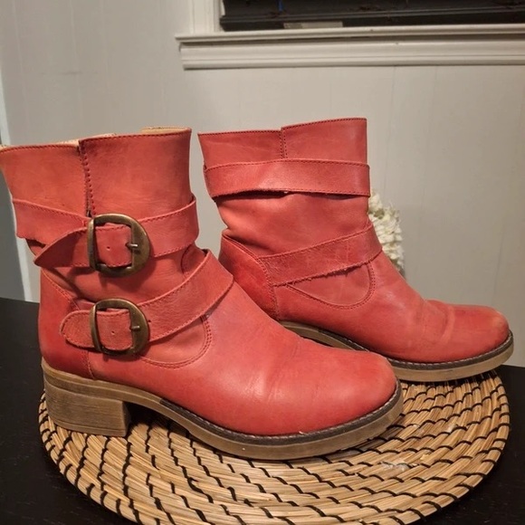 Shoes - Elegant Coral Heeled Boots with Buckle Accents